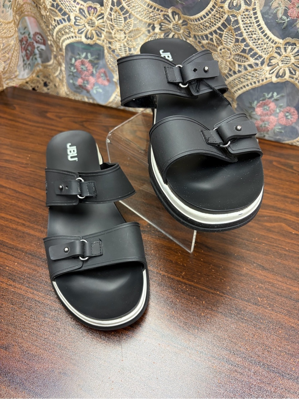 JBU Black Double-Buckle Slide Sandals with White Trim